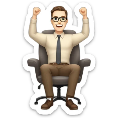 Joyful Celebrating victory Hands up Pale skinned Fit Man With dark brown hair in gray jacket, beige office shirt, Brown pants and vintage glasses sitting In a soft chair sticker