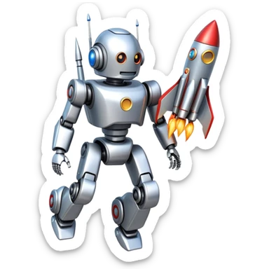 Robot with rocket boosters accelerating upward, upgrade concept sticker