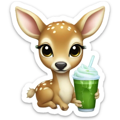 baby deer drinking iced matcha latte  sticker