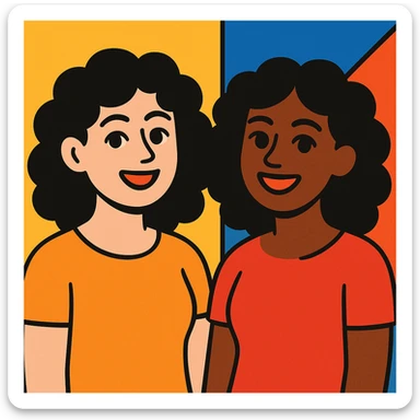 illustration of two women, one with light skin and one with dark skin, both with black curly hair, black eyes, full lips, smiling expression, cartoon style sticker