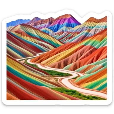 Rainbow Mountains Zhangye Danxia colorful striped hills, simplified emoji style with bold outlines and bright colors, cartoon style multicolored mountain ridges sticker