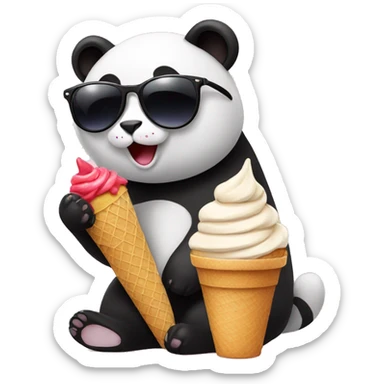 Cat with sunglasses sitting on a Panda eating ice cream sticker