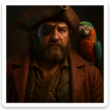3d art of a pirate with eye patch and parrot in  sticker