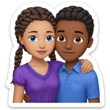 Boyfriend who is medium tan olive skinned with blue eyes and wavy straight brown hair in a blue shirt and his girlfriend who is dark skinned, juicy lipped with black braided hair and the two are hugging and smiling she’s wearing purple and she has black eyes sticker