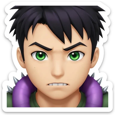 Anime boy character with black hair and spiky bangs on the face with dark green eyes and a scar on the mouth and muscular and black shirt with a purple worm around him sticker