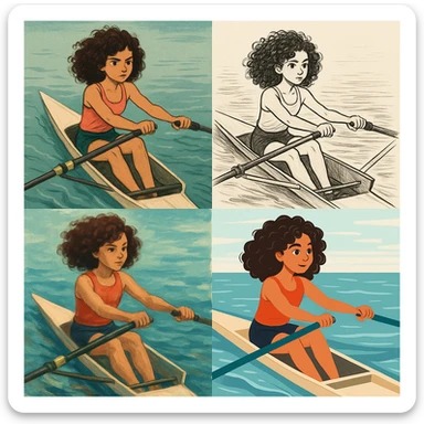 kıvırcık saçlı, kürek çeken kız, farklı stillerde sticker