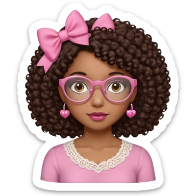 medium kinned afro-latina girl with medium length chocolate brown side part curly hair, small pink bow on the side, with brown glasses, brown eyes, noes piercing, pink and white sweekhart necklined top with lace, round wide-ish nose sticker