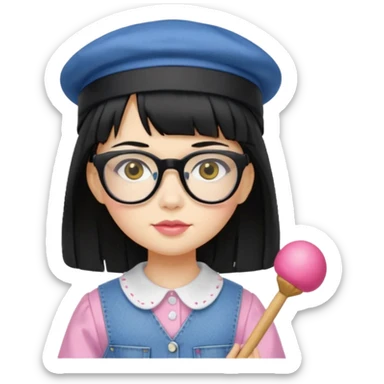A yellow-skinned girl with medium-long straight black hair, flat bangs, black frame glasses, a white puffy sleeve doll shirt, blue jeans and pink shoes, and a black painter's hat. sticker