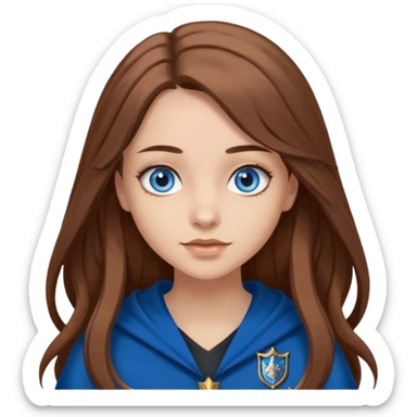 gorgeous Girl with light skin, blue eyes, long brown hair, wears a ravenclaw outfit sticker