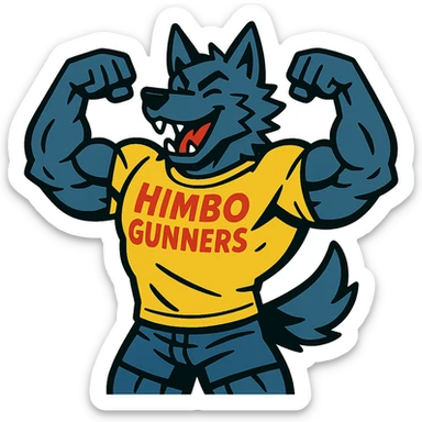 very muscular wolf furry, flexing pose, wearing a t-shirt with 'Himbo gunners', energetic and playful sticker