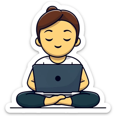 cartoon sticker of a yoga teacher meditating with a laptop beside her sticker