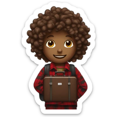 Chocolate colored doodle with wavy hair wearing a red and black flannel handkerchief with a carryon suitcase sticker