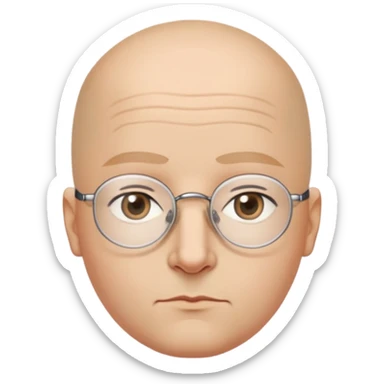 Smooth oval bald head, light-medium skin tone, thin dark arched eyebrows, small narrow almond-shaped eyes behind rimless glasses, medium straight nose, small closed lips with a slight downward tilt, rounded soft jawline, calm and serious expression without wrinkles sticker