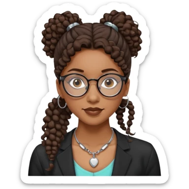 chica morena de ojos claros con gafas negras exagonales redondeadas. y pelo rizado castaño con todo el pelo recogido en una coleta . y un collar de plata . Con todo el pelo recogido un clen look sticker