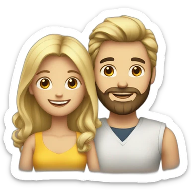 A happy couple blond girl and dark haired man with a beard sticker