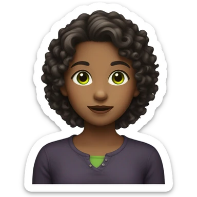 girl with a dark curly not long but not short hair. She has a green eyes and cute face  sticker