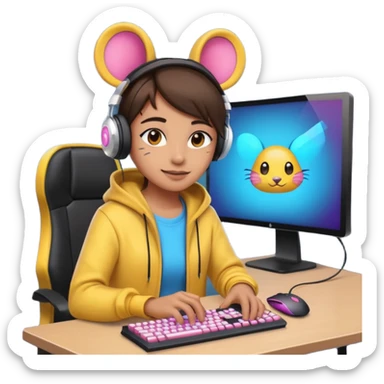 Real emoji gamer. Lighting in front of him, gaming screen wearing gaming headphones and eraser with gaming mouse and keyboard full of LEDs and beautiful clothes  sticker