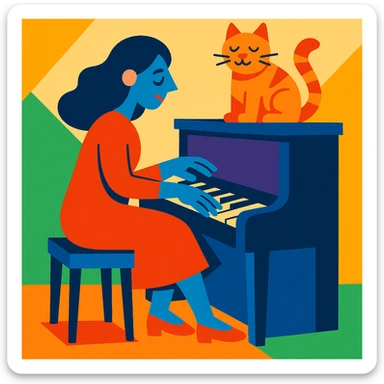 woman playing piano while her cat sits on top of the piano sticker