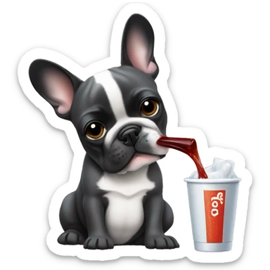 French bulldog drinking from a Stanley  sticker