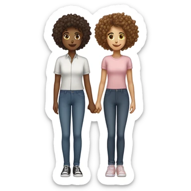 Two girls standing up holding hands one masculine with a curly bun and one feminine with curly hair sticker