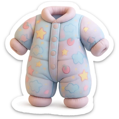 cushion style onesie pajamas with playful patterns, soft and puffy look, pastel colors sticker