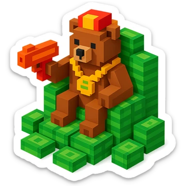 Russian grizzly bear with a rapper chain and a money gun, sitting on a throne of cash sticker