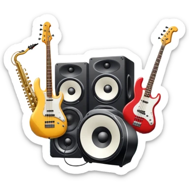 Icon for R&B Music Listening: large concert speakers and headphones with waves of musical notes coming out, along with a bass guitar, drum kit, and synthesizer, saxophone. The icon should convey the energetic and rhythmic vibe of R&B music. Transparent background. sticker