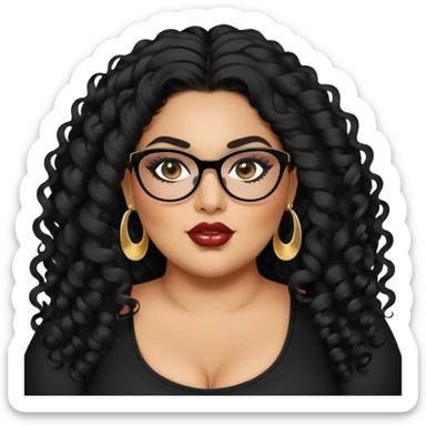 big plus size, latina, darker tan skin, long black curly hair, baddie,pretty, makeup, lipgloss, black eyeliner, long hair, small gold earrings, black top, black glasses sticker