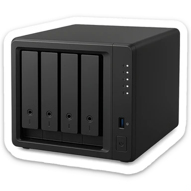 generic 4 bay NAS device, with visible drive bays, modern look sticker