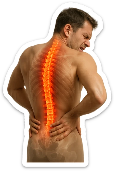 uomo con spina dorsale anatomica visibile che si massaggia la schiena perché gli fa male, iperrealistico 4k sticker