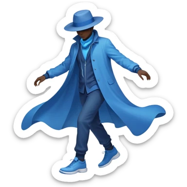Male silhouette composed of blue ethereal flowing energy with minimal floating wardrobe pieces like hat, jacket and shoes orbiting around it, no facial features sticker