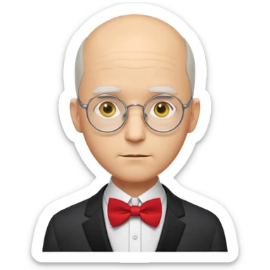 Yellow-skinned animated man. Bald on top with thin gray hair at the sides. Large round white eyes with black pupils. Wears round glasses. Pointed nose. Visible suit lapels, white shirt collar, and bow tie at the neck. sticker