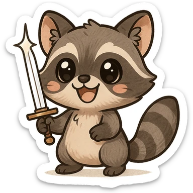 smiling manga raccoon with a shiny sword, chibi style, big eyes, cute expression sticker