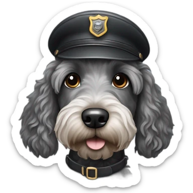 black and grey labradoodle dog's face with short ears and a long nose wearing a pilot cap sticker
