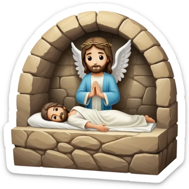 cave tomb with stone rolled to the side, Jesus’ empty tomb with angel inside  sticker