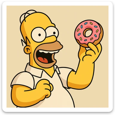Homer Simpson excited with a donut, animated style, vibrant colors, minimal background sticker
