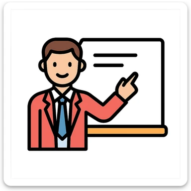 male teacher standing by a white board, professional attire, friendly expression, classroom setting, color outline icon style sticker