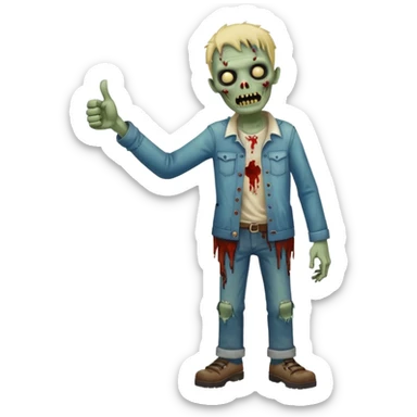 A cute, cheerful, full-length zombie is standing, holding out a hand and a thumbs-up sign. sticker