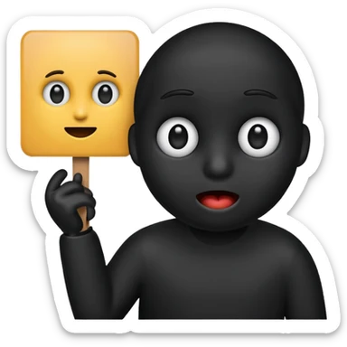 black emoji with surprised eyes holding a signboard sticker