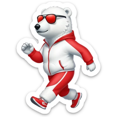 friendly anthropomorphised polar bear jogging upright, wearing bright red tracksuit and dark sunglasses sticker