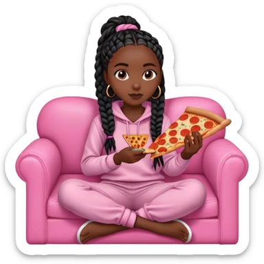A dark skinned black girl with black box braids eating pizza, on a pink couch in comfy outfit sticker