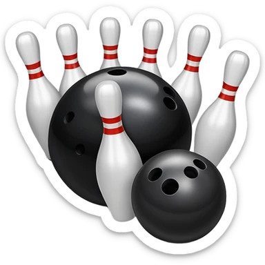 A bowling ball rolling down the lane towards a set of pins, with the pins poised to fall. The scene is set in a bowling alley with bright lights and a polished wooden floor, capturing the excitement and precision of the sport. sticker