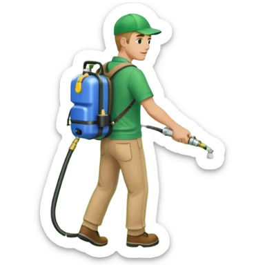 man with a emerald green shirt and tan pants on with backpack chemical sprayer on his back with the hose in his hand pointed downwards at bright green grass sticker