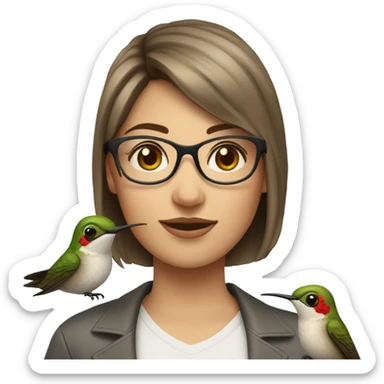 Girl pale , brunette, with short hair, wearing glasses with a hummingbird next to her sticker