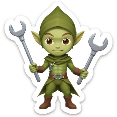short green goblin, hold a wrench, brown cloth, cute chibi full body sticker