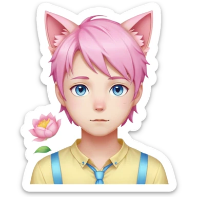 Pastel effeminate young femboy man with pastel pink shiny hair, pink cat ears, pastel yellow blouse, blue eyes, cute, gorgeous, anime, catboy, romantic, beautiful, flowers, aesthetic sticker