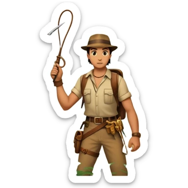 Icon for Adventure Movie: A vintage movie poster-style collage with an adventurous explorer holding a whip, a treasure map, ancient ruins, and traps. Include jungle vines, mysterious artifacts, and a daring escape scene. Retro cinematic vibe. Transparent background. sticker