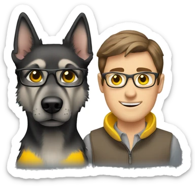 a guy with brown hair, black thin glasses and grey eyes with the grey german shepherd with yellow eyes sticker