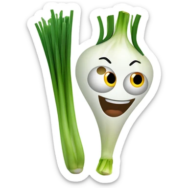 Smiling green onion with a bundle of long, thin green stalks as hair, big expressive eyes, and a cheerful cartoonish face on the white bulb section. Vibrant and playful design. sticker