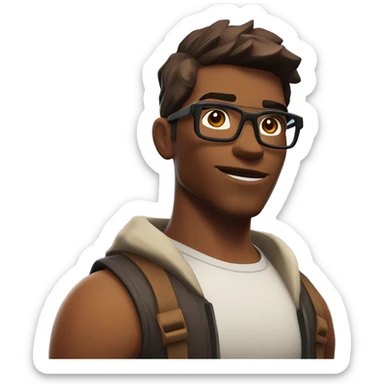  A tall, bespectacled, muscular and strong young man, deep-set eyes, round face, with dark brown hair and a brown skin tone, portrayed in the style of a Fortnite character rederend in the style of a fortnite character sticker